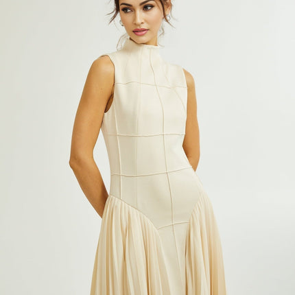 Madalynn Neutrals Sleeveless Mock Neck Pleated Knitted Midi Dress