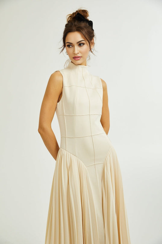Madalynn Neutrals Sleeveless Mock Neck Pleated Knitted Midi Dress