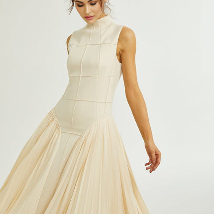 Madalynn Neutrals Sleeveless Mock Neck Pleated Knitted Midi Dress