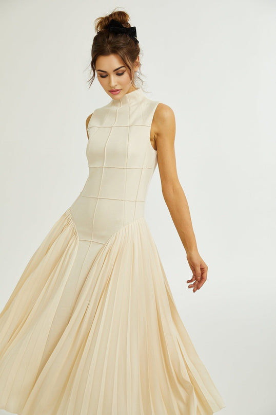 Madalynn Neutrals Sleeveless Mock Neck Pleated Knitted Midi Dress