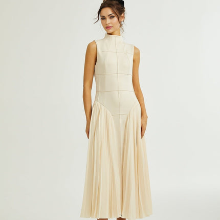 Madalynn Neutrals Sleeveless Mock Neck Pleated Knitted Midi Dress