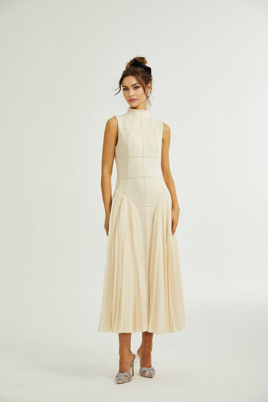 Madalynn Neutrals Sleeveless Mock Neck Pleated Knitted Midi Dress