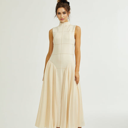 Madalynn Neutrals Sleeveless Mock Neck Pleated Knitted Midi Dress