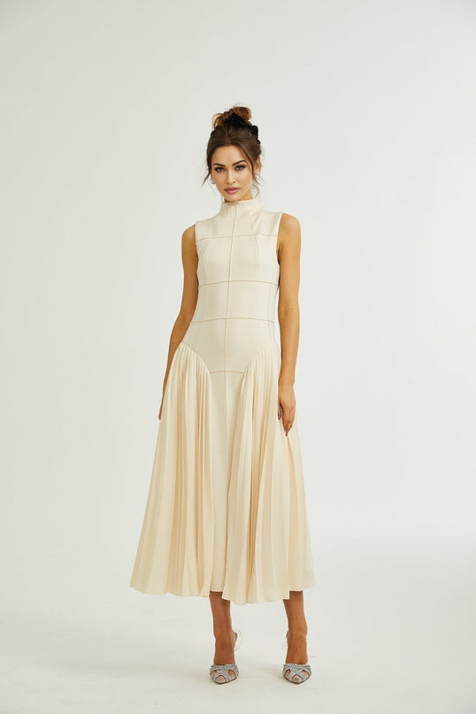 Madalynn Neutrals Sleeveless Mock Neck Pleated Knitted Midi Dress