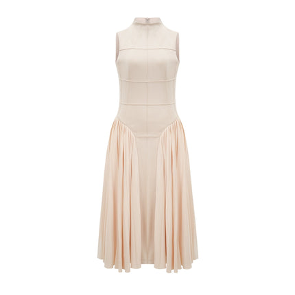Madalynn Neutrals Sleeveless Mock Neck Pleated Knitted Midi Dress