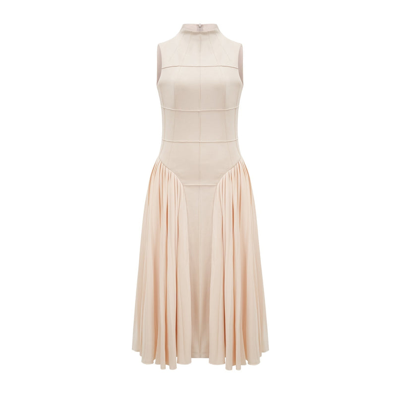 Madalynn Neutrals Sleeveless Mock Neck Pleated Knitted Midi Dress