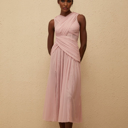 Madalynn Purple Mesh Midi Dress with Side Slit and Pleated Detailing