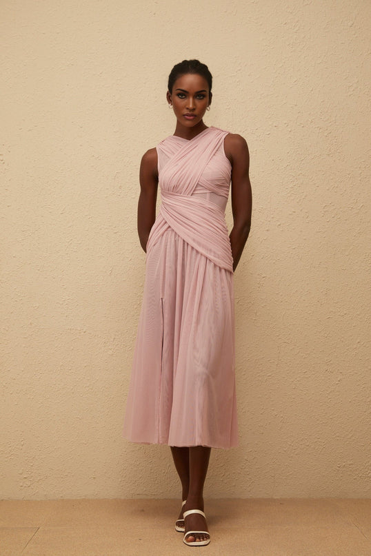 Madalynn Purple Mesh Midi Dress with Side Slit and Pleated Detailing