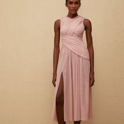 Madalynn Purple Mesh Midi Dress with Side Slit and Pleated Detailing