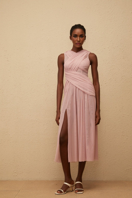 Madalynn Purple Mesh Midi Dress with Side Slit and Pleated Detailing