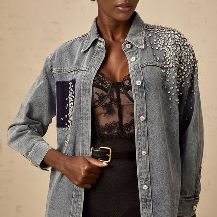 Maddalena Blue Denim Rhinestone Embellished Cotton Shirt