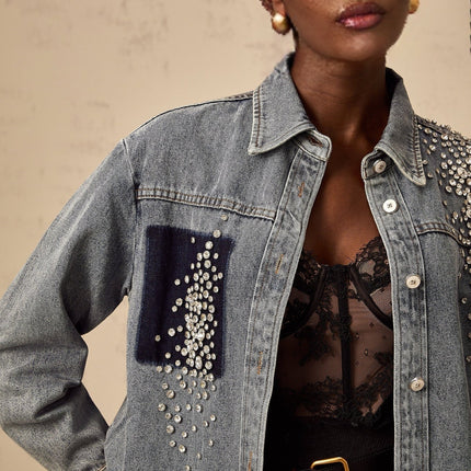 Maddalena Blue Denim Rhinestone Embellished Cotton Shirt