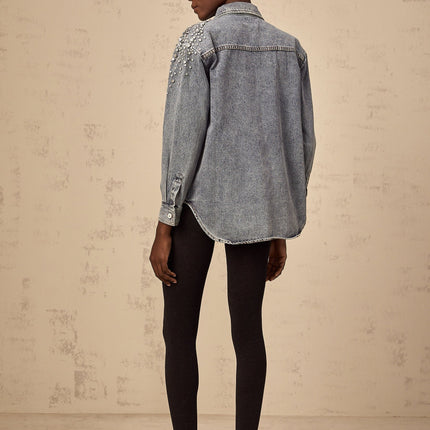 Maddalena Blue Denim Rhinestone Embellished Cotton Shirt