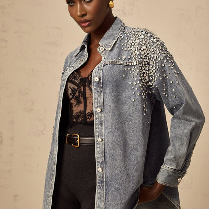 Maddalena Blue Denim Rhinestone Embellished Cotton Shirt