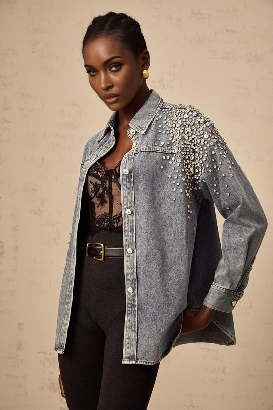 Maddalena Blue Denim Rhinestone Embellished Cotton Shirt