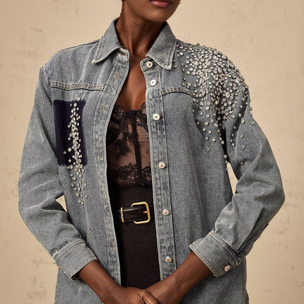 Maddalena Blue Denim Rhinestone Embellished Cotton Shirt