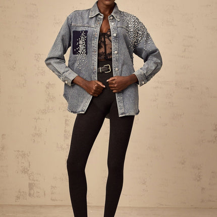 Maddalena Blue Denim Rhinestone Embellished Shirt