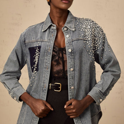 Maddalena Blue Denim Rhinestone Embellished Shirt 100% Cotton Long Sleeve Buttoned Cuffs Front Button Fastening