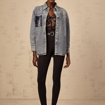 Maddalena Blue Denim Rhinestone Shirt 100% Cotton Classic Collar Long Sleeves Buttoned Cuffs Front Button Fastening