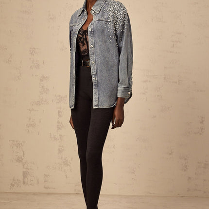 Maddalena Blue Denim Rhinestone Shirt 100 Cotton Long Sleeve Buttoned Cuffs Front Button Fastening