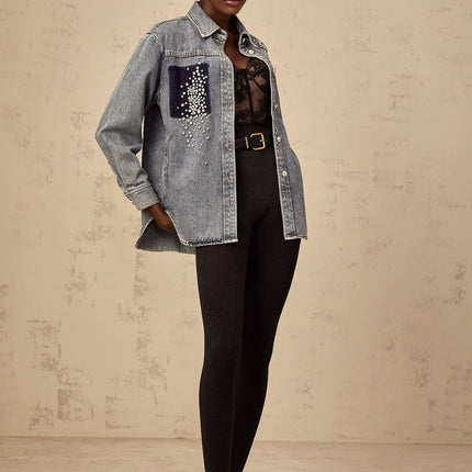 Maddalena Blue Denim Rhinestone Shirt 100% Cotton Long Sleeve Buttoned Cuffs Front Button Fastening