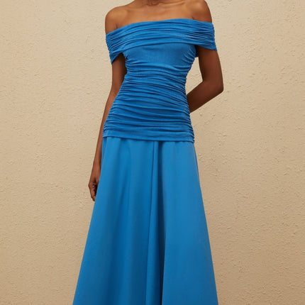 Maddalena Blue Maxi Dress with Off-Shoulder Design and Asymmetrical Hem in Terylene Fiber