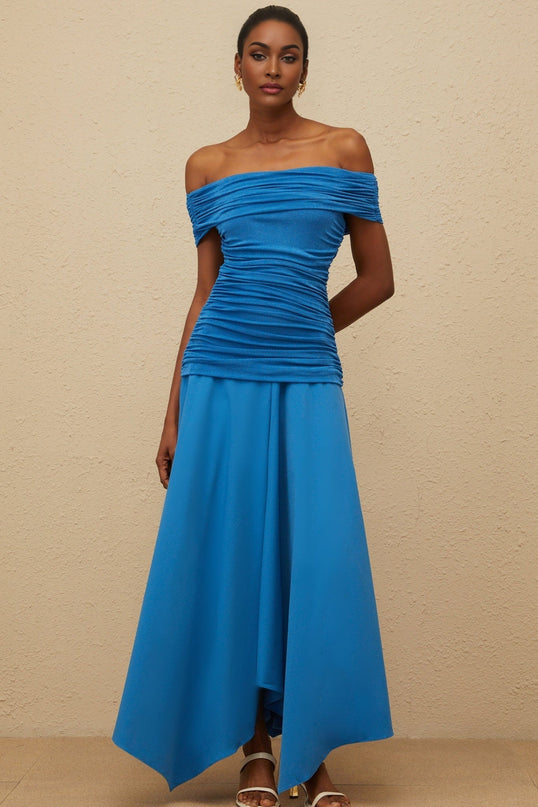 Maddalena Blue Maxi Dress with Off-Shoulder Design and Asymmetrical Hem in Terylene Fiber