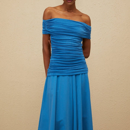 Maddalena Blue Maxi Dress with Off-Shoulder Design and Ruched Detailing