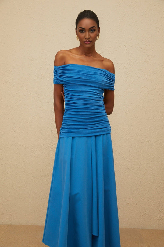 Maddalena Blue Maxi Dress with Off-Shoulder Design and Ruched Detailing