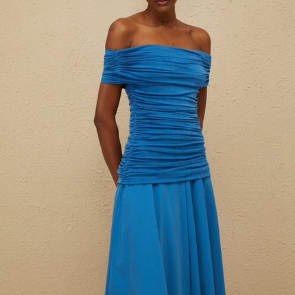 Maddalena Blue Maxi Dress with Off-Shoulder Design and Asymmetrical Hem
