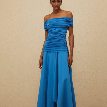 Maddalena Blue Maxi Dress with Off-Shoulder Design and Ruched Detailing
