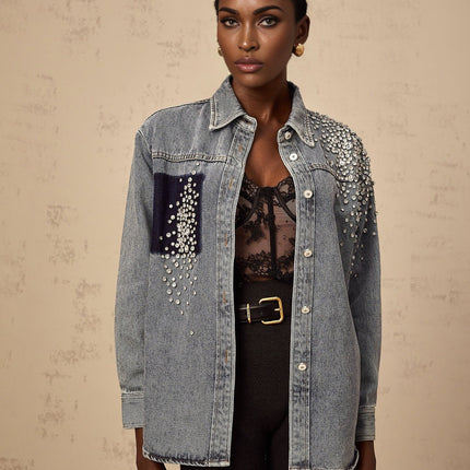 Maddalena Blue Rhinestone Denim Shirt 100% Cotton Classic Collar Long Sleeves Buttoned Cuffs Front Button Fastening