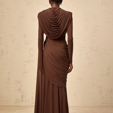 Maddalena Brown Maxi Dress with Cowl Neck and Asymmetrical Sleeves in Terylene and Elastane