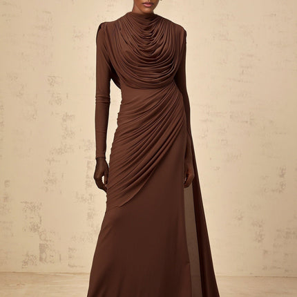 Maddalena Brown Maxi Dress with Cowl Neck and Asymmetrical Sleeves in Terylene and Elastane