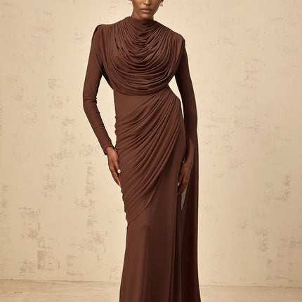 Maddalena Brown Maxi Dress with Cowl Neck and Asymmetrical Sleeves in Terylene Fiber and Elastane