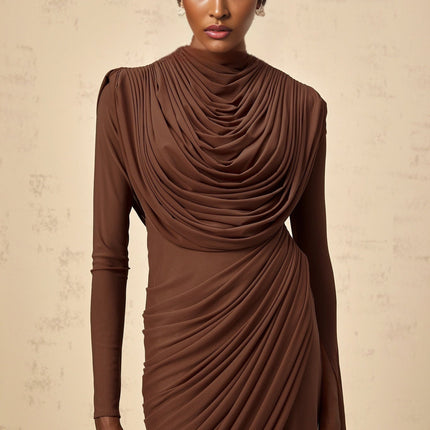 Maddalena Brown Maxi Dress with Cowl Neck and Asymmetrical Sleeves