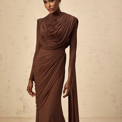 Maddalena Brown Maxi Dress with Cowl Neck and Asymmetrical Sleeves