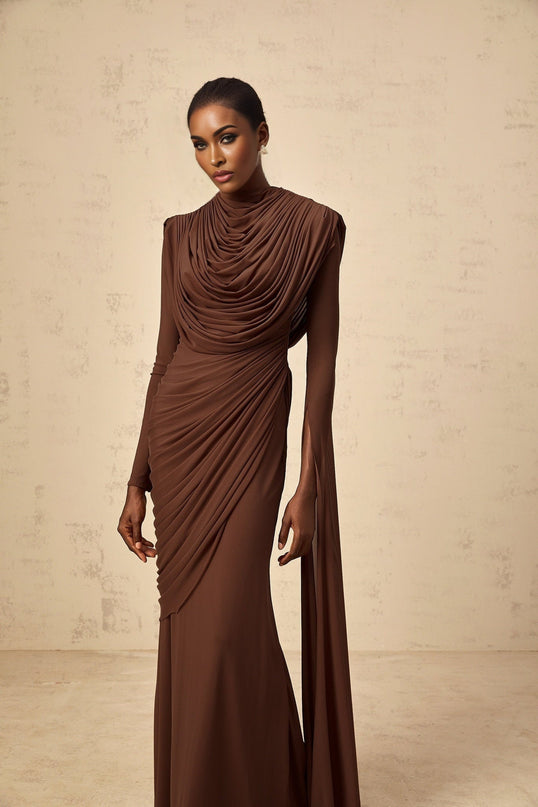 Maddalena Brown Maxi Dress with Cowl Neck and Asymmetrical Sleeves