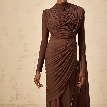 Maddalena Brown Maxi Dress with Cowl Neck and Asymmetrical Sleeves