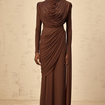 Maddalena Brown Maxi Dress with Cowl Neck and Asymmetrical Sleeves