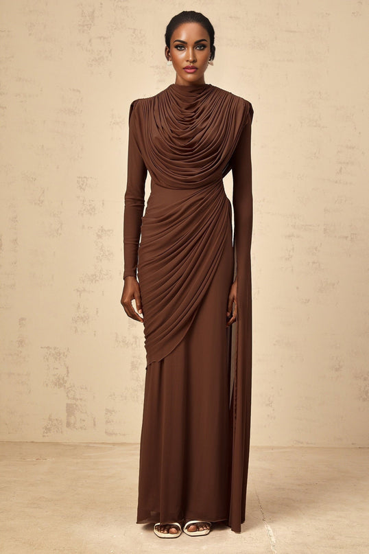 Maddalena Brown Maxi Dress with Cowl Neck and Asymmetrical Sleeves