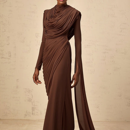 Maddalena Brown Maxi Dress with Cowl Neck and Asymmetrical Sleeves