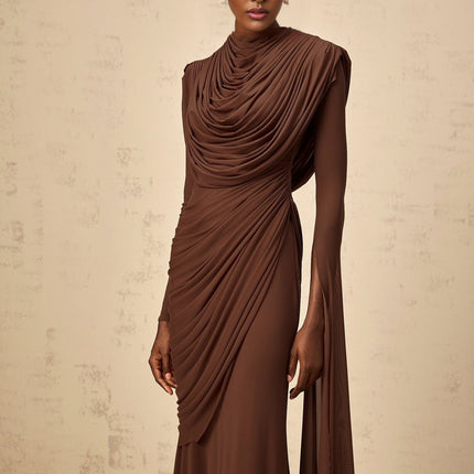 Maddalena Brown Maxi Dress with Cowl Neck and Asymmetrical Sleeves