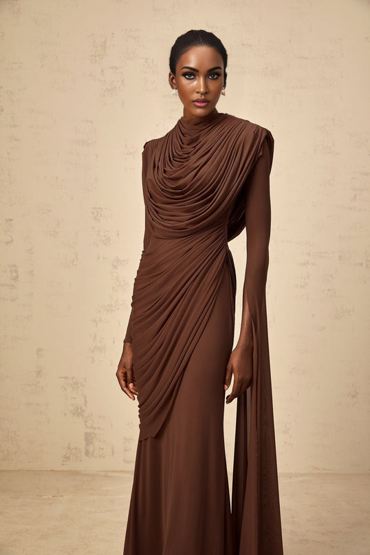Maddalena Brown Maxi Dress with Cowl Neck and Asymmetrical Sleeves
