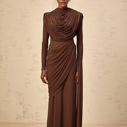 Maddalena Brown Maxi Dress with Cowl Neck and Asymmetrical Sleeves