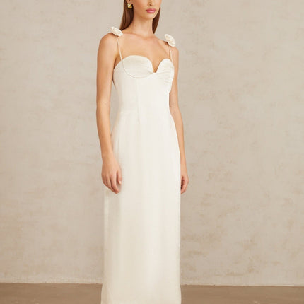 Maddalena White Floral Satin Midi Dress with 3D-Petal Detailing