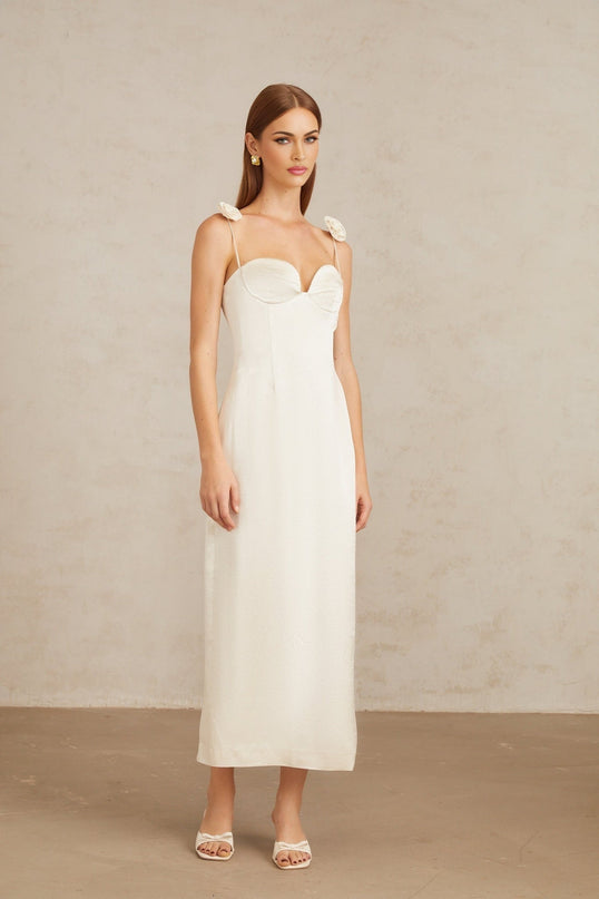 Maddalena White Floral Satin Midi Dress with 3D-Petal Detailing
