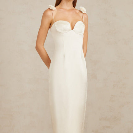 Maddalena White Floral Satin Midi Dress with 3D-Petal Detailing