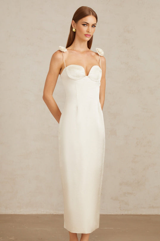 Maddalena White Floral Satin Midi Dress with 3D-Petal Detailing