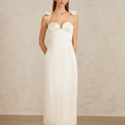 Maddalena White Floral Satin Midi Dress with 3D-Petal Detailing